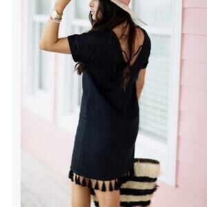 Madewell Black Floral Embroider Textured Tassel Dress XS Linen Blend Minimalist